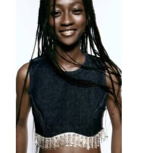 Zara Denim Tank Top with Chrome Silver Rhinestone Fringe Size Medium